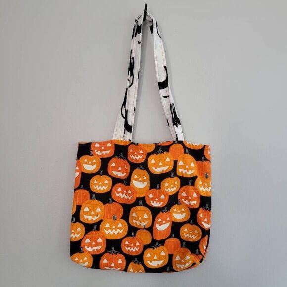 Halloween reversible felt tote pumpkin black cat print glow in the dark spooky h - Picture 1 of 8